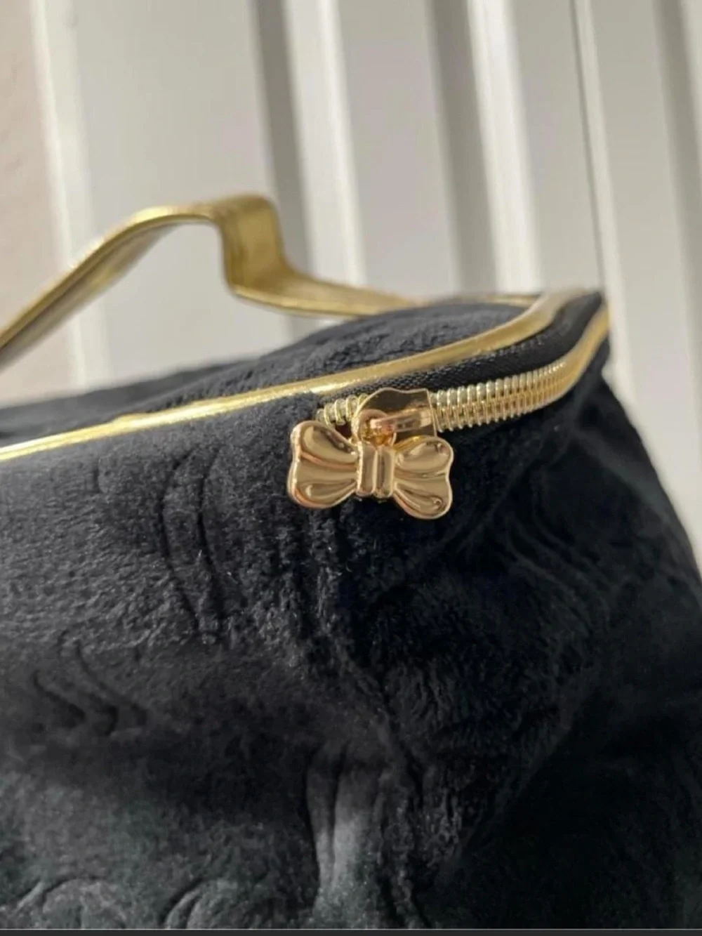 Juicy Couture Black Plush Cosmetic Train Case with Gold Trim